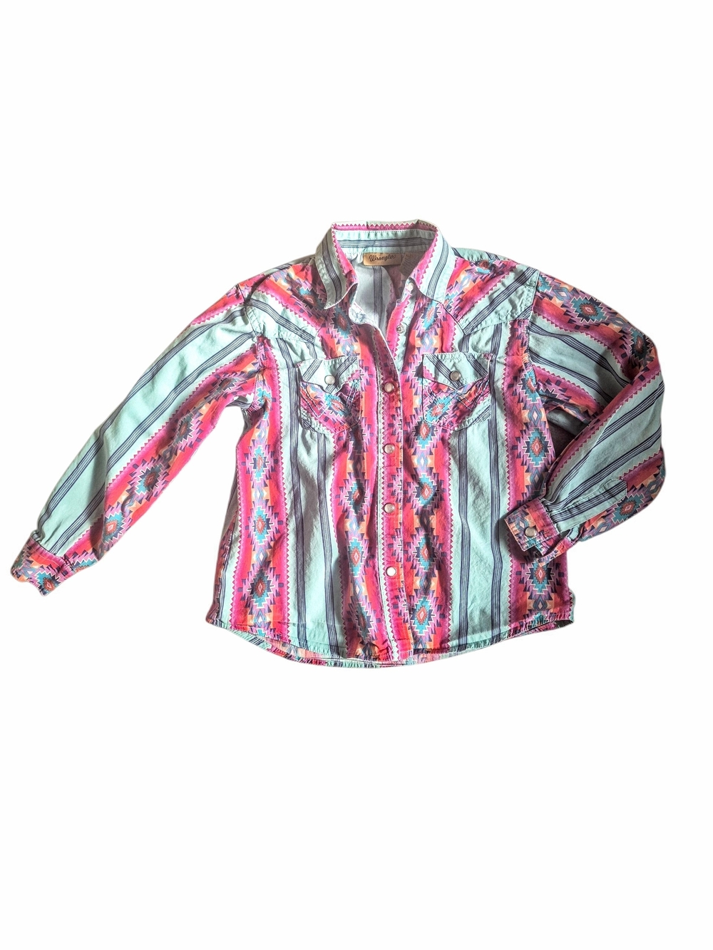 0Wrangler Pink and Aqua Southwestern Stripe Snap-up Kids Shirt